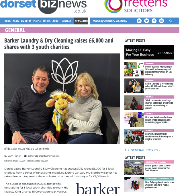 Barker Laundry & Dry Cleaning raises £6,000 and shares with 3 youth charities